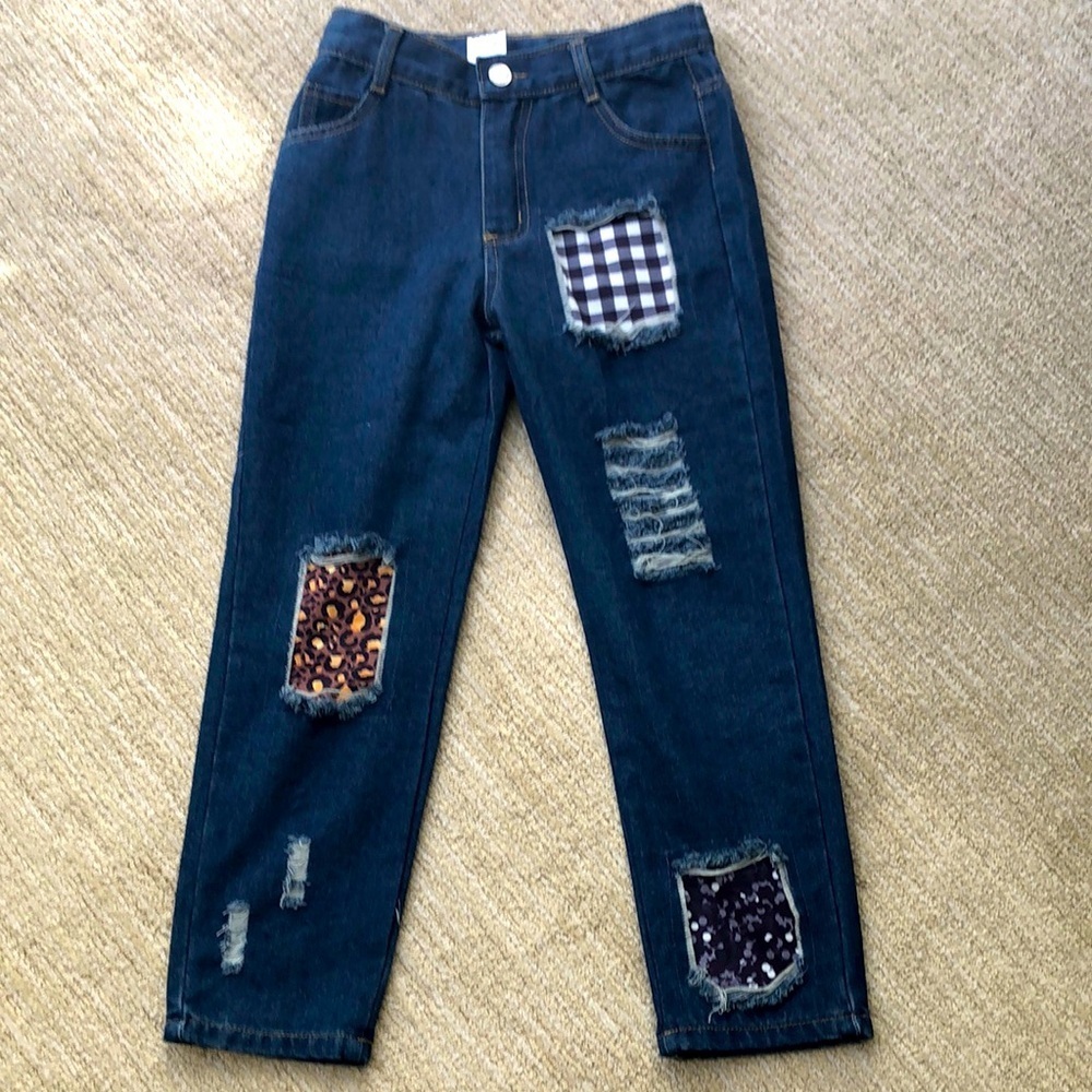Distressed Blue Jeans Fabric Patches 5 pocket classic style Girls size 8 NWOT